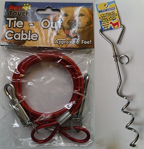Dog 6ft Garden Tie Out Cable Pet Lead Strong Wire with Spiral Ground Stake Spike (Red)