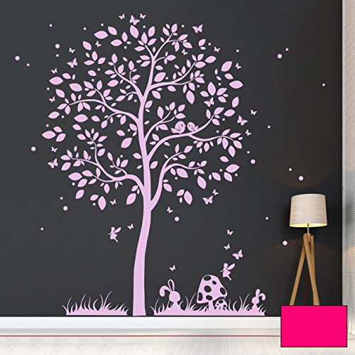 Wandtattoo Wandaufkleber Wandsticker Wandbild Aufkleber Sticker Baum mit Hase Elfe Schmetterlinge M1933 ausgewählte Farbe: *pink* ausgewählte Größe: *L - 100cm breit x 125cm hoch*