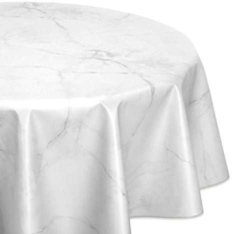 Wachstuchtischdecke abwischbar, OVAL RUND ECKIG, fleckenabweisende Gartentischdecke Marmorstein, zuschneidbare Wachstuch Tischdecke (Rund 140 cm, Weiß)
