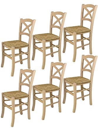 t m c s Tommychairs - 6er Set Stühle Cross für Küche und Esszimmer, robuste Struktur aus poliertem Buchenholz, unbehandelt und 100% natürlich, Sitzfläche aus echtem Stroh