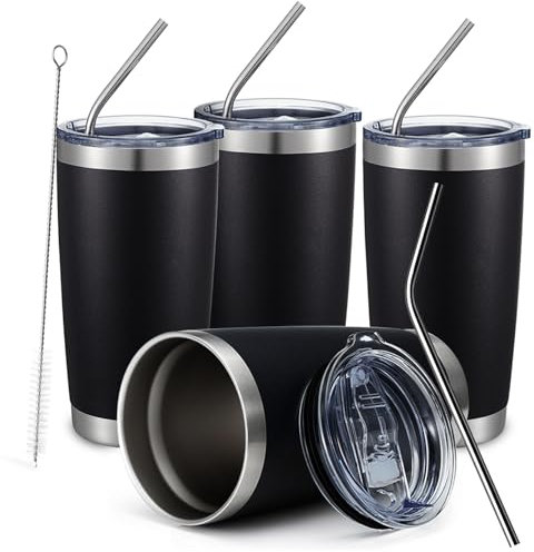 COMOOO 20oz Black Tumbler 4 Pack Stainless Steel Insulated Travel Mug with Lid and Straw Vacuum Double Wall Coffee Cup for Hot Beverage and Cold Drinks(Black, 4 Pack)