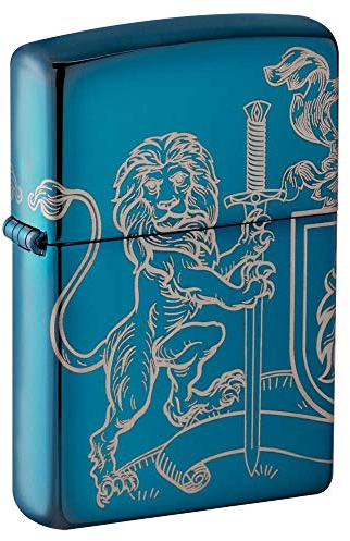 Zippo Unisex Adult Medieval Coat of Arms Laser 360° Design Pocket Classic Lighter, High Gloss Blue Lion, One Size