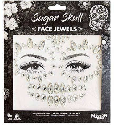 Moon Terror Joyas para la cara | Calavera de Azúcar | Gemas del cuerpo de la cara del festival, maquillaje SFX, pegatinas de brillo de ojos de maquillaje de cristal Multicolor L