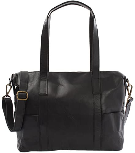 LECONI Shopper Vintage-Look Damen Henkeltasche Schultertasche Echt-Leder Natur Damentasche Ledertasche Umhängetasche Handtasche Leder 37x28x15cm schwarz LE0061-buf