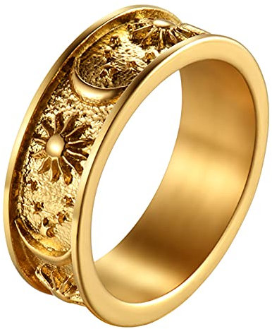 JewelryWe Schmuck Herren-Ring Damen Ring Edelstahl Sonne Stern Mond Verlobungsring Hochzeitring Boho Ring Geschenk für Männer Gold 8mm Größer 63