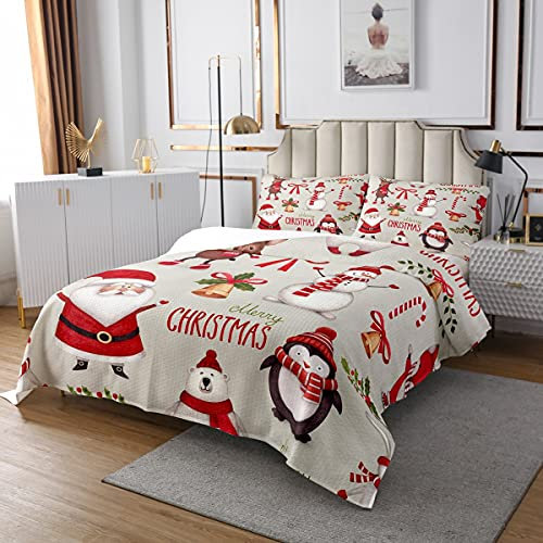 Frohe Weihnachten Bettdecke Set, Kinder Weihnachtsmann 220x240, süße Hirsch Pinguin Tagesdecke für Jungen Mädchen Weihnachten Schlafzimmer Dekor Weihnachtsglocke Schneemann Tagesdecke Quilt Set