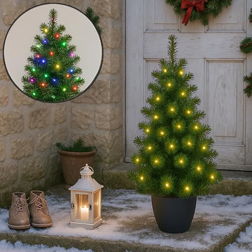 3ft Mini Doorstep Christmas Tree - Pre-Lit Artificial Xmas Tree with Polycement Pot - Indoor and Outdoor - Battery Operated LED Christmas Trees (Colour-Change, 90cm)