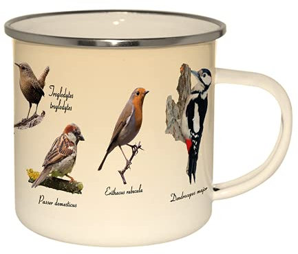 linoows Emaille Tasse heimische Vögel, Kaffeepott, XXL Henkelbecher, Kaffeetasse