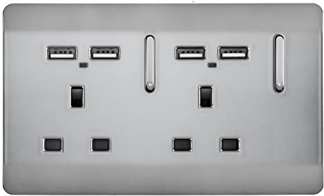 Trendi 2 Gang Artistic Modern Glossy Screwless Raised 13 Amp 240v Short 4 USB Type A Charging Points Double Chrome Switched Electrical Wall Plug Socket Brushed Steel- ART-SKT213USBBS