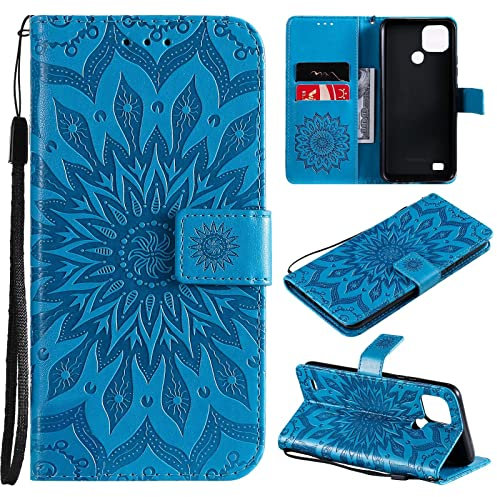 Ttianfa Funda para OPPO Realme C21 Carcasa [2 Ranura para Tarjeta+Billetera] [Cierre magnética] [Soporte Plegable] Flor Girasol Correa de Mano 360° Shockproof 2&Protector de Pantalla,Azul