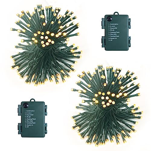 2 Pack Each 5M 60 LED Battery Operated Christmas Tree Lights Indoor Outdoor Cluster String Lights with Timer 8 Modes Dark Green Wire Fairy Light Xmas Patio Bedroom Garden Decorations (Warm White)