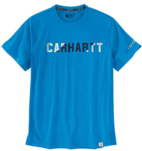 Carhartt Men's Force Relaxed Fit Midweight Short-Sleeve Block Logo Graphic T-Shirt, Azure Blue, XL