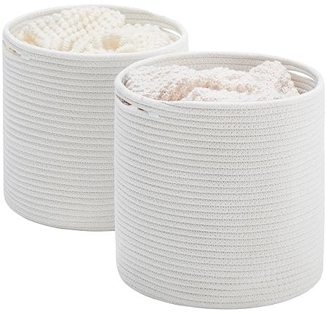 YOUDENOVA Korb Geflochten 2er Pack aus Baumwolle, Spielzeug Aufbewahrung für Kinderzimmer, Aufbewahrungskorb, Übertopf Korb für Wohnzimmer, Schlafzimmer 28(D) x28(H) cm, Weiß