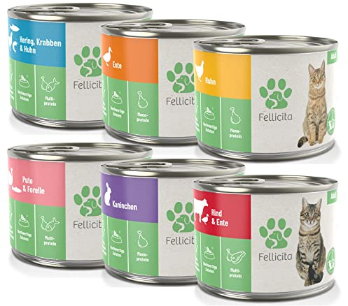 Fellicita Premium Nassfutter für Katzen, Mixpaket Nr. 1, 6 x 200g | gemischte Auswahl, 6er Pack, Mono- und Multiprotein, hochwertiges Futter, getreidefrei, leckere Pastete, Alleinfuttermittel