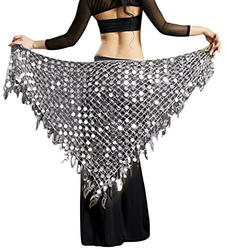 Geagodelia Damen Bauchtanz Hüfttuch mit Pailletten Mesh Triangle Wrap Rock Kostüm mit Münzen Karneval Rock Taille Kette für Frauen Quaste Gürtel Bottoms (Silber-Grau, One Size)
