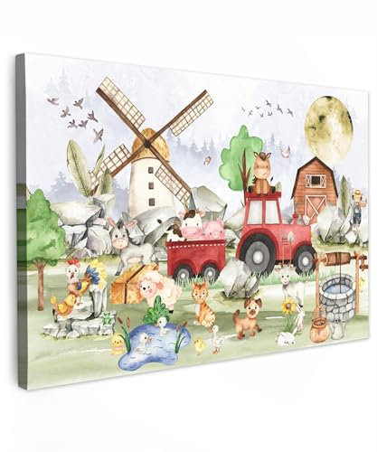 MuchoWow© Leinwand Groß 120x80 cm XXL Deko Schlafzimmer Aesthetic Leinwandbilder Wohnzimmer Gemälde Foto Geschenk Living Room Decoration Jugendzimmer - Bauernhof - Traktor - Kinder - Tiere