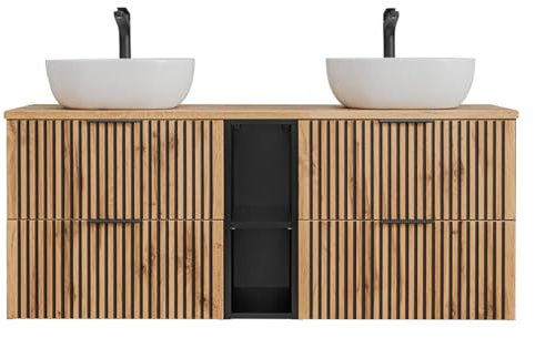 EINFACH GUTE MÖBEL Badezimmer Waschplatz Tribune | Aufsatz-Waschbecken weiß | Schwarz - Wotan-Eiche (140cm)