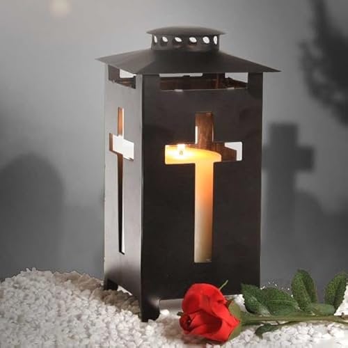 mucHome Grablaterne mit Kreuzdekor 13x13x25cm Grablampe Grableuchte (Schwarz)