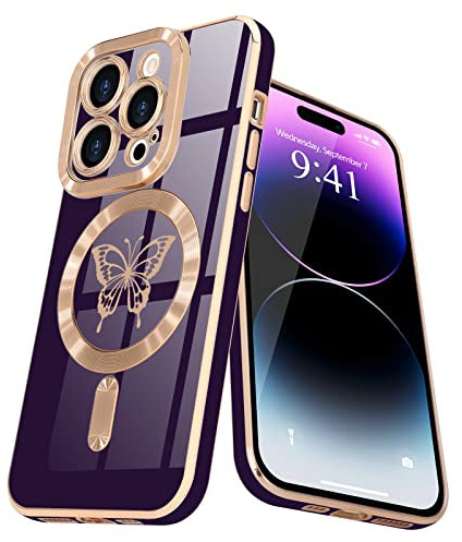 Lafunda Magnetisch Hülle für iPhone 14 pro max Handyhülle Schutzhülle Kamera-Vorsprung Case Schmetterling Vergoldung Glitzer Mädchen Stoßfest Cover für iPhone 14 pro max Lila