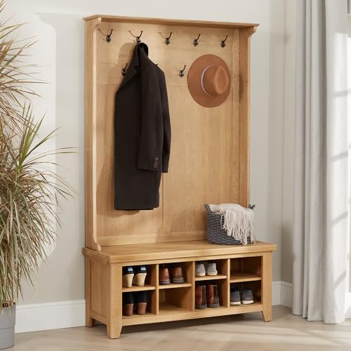 The Furniture Market Hallway Tidy Shoe Storage Bench with Coat Rack - Cheshire Weathered Limed Oak - Height Adjustable Shelves - Tapered Foot Design - H1960 x W1180 x D430mm