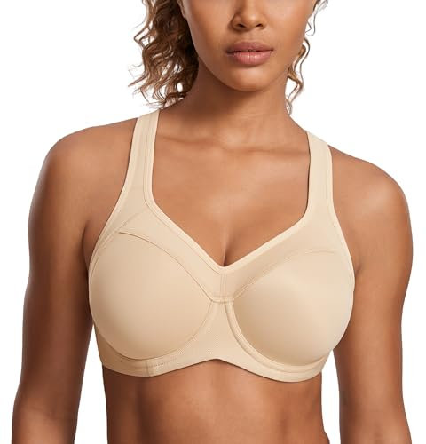 SYROKAN Damen Sport BH Starker Halt- Bügel Push Up Ringerrücken Gepolstert Fitness BH Beige 85F