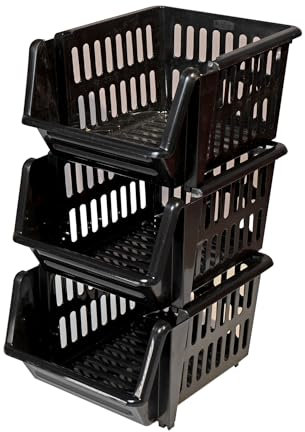 18cm Stacking Baskets Storage Veg Rack Set of 3 Black