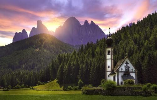 GUOHLOZ 1500 Teile Puzzle für Erwachsene und Kinder ab 6 Jahren, Wald, Berge, Wiese, Italien, Kirche, Südtirol, Dolomiten, 87x57cm