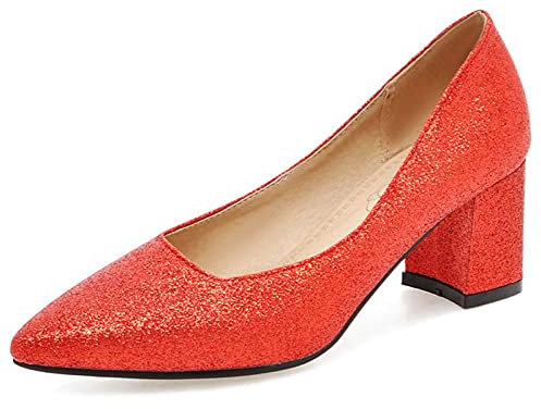 Diuniarza Wedding Glitter Bride Block Heels Pumps Pointed Toe Slip On Sparkly Fashion Classics Evening Dress Shoes Red Size 5 UK/39