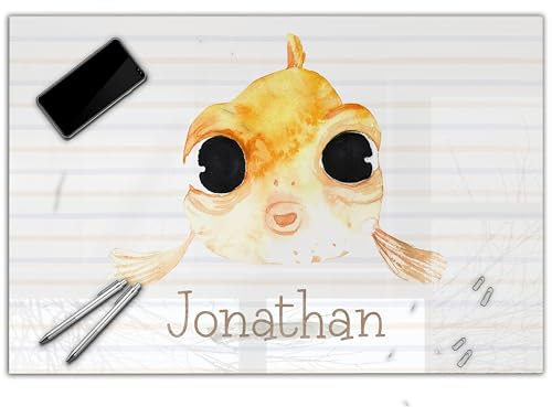 Schreibtischunterlage personalisiert mit Namen | wasserfeste Schreibunterlage, abwischbar, glatt | stabiles, hochwertiges Acrylglas, Kinder Kunststoff Tiere | 60x40cm 17- Fisch