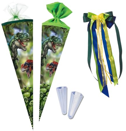 Nestler Schultüten-Set zum Befüllen, Handgemachte Zuckertüte aus Karton - Lizenzmotiv T-Rex World von Coppenrath, Schultüte, Spitzenschutz, Schleife (70 cm rund)