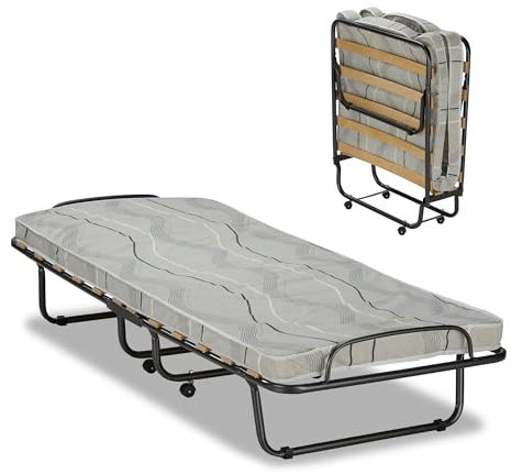 KHG Gästebett 80x190 cm Klappbett mit Einer 6 cm dicken Matratze, klappbares Metallbett stabil auf Rollen für Erwachsene & Kinder, leicht zu tragen und verstauen bis 90kg belastbar