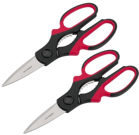 Westmark 2x Universal-Haushaltsschere, Schneidklingenlänge: je 7 cm, integriertes Öffnungselement für Schraubverschlüsse, Rostfreier Edelstahl/Kunststoff – Schwarz/Rot/Silber, 137522E3