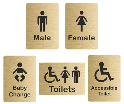 Customcard Ltd Set of 5 Aluminium Signs: Toilets, Male, Female, Accessible, Baby Chang sign–high quality, brushed gold finish with tape on the back