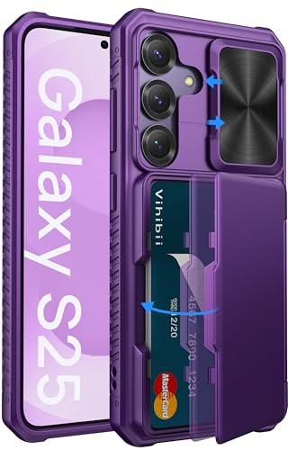 Vihibii pour Samsung Galaxy S25 Coque avec Range Carte & RFID Blocage & Cache Objectif, Bord en Silicone Militaire Antichoc Rigide Bumper Portefeuille pour Samsung Galaxy S25 6,2 5G, Violet Foncé