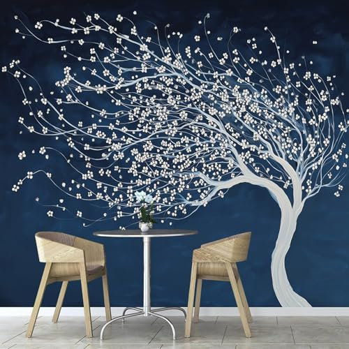 Fototapete 3D Effekt Abstrakter Weißer Baum 150×105cm, Fliegende Blütenblätter Tapete Wandbild Tapeten Für Kinderzimmer Deko Wohnzimmer Schlafzimmer