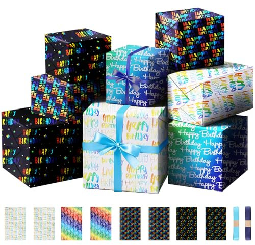 XRXYMQ 8 Stück Geschenkpapier Geburtstag Bunte Geschenkpapier Junge Kinder mit 2 Band 70x50 cm Geschenk Papier für Männer Jungen Kinder für Geburtstagsanlässe