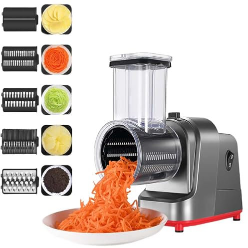 Elektrische Käsereibe mit 5 verschiedenen Formen von Klingen, geräuscharm, großes Kaliber und hohe Leistung, abnehmbares und waschbares Design, für Käse, Obst, Gemüse