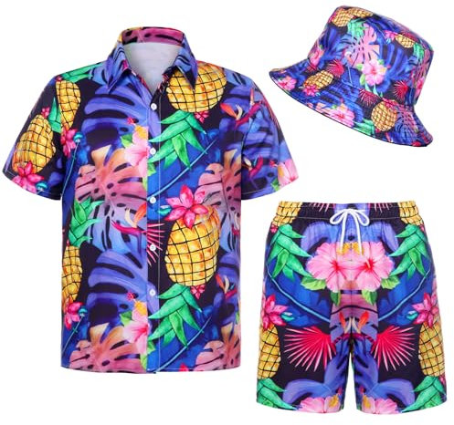 Angenster Hawaii Hemd Männer, 3 Pcs Hawaii Outfit Herren Festival Outfit mit Fischerhut Hawaihemd Shorts, Sommerhemd Herren Flamingo Floral Strandhemd Faltenfrei Urlaub Hemd Set (Ananas, L)