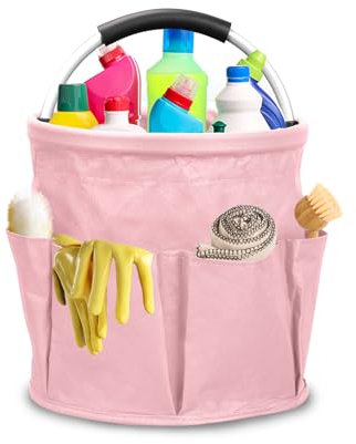 BlyeMichdi Cleaning Caddy With Handle,Bucket Tool Bag Cleaning Bucket Organiser Caddy for Cleaning Products,17L Portable Multi Pocket Large Capacity,Foldable Storage Basket (Pink)
