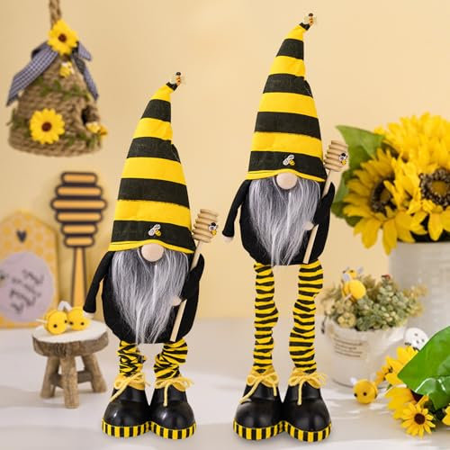 Bienen Wichtel,Frühling Sonnenblume Bee Wichtel mit Einziehbaren Feder Beine,Bee Puppe Zwerg Dekorationen,Bienen Wichtel Deko für Home Decor Farmhouse Festliche Geschenk Bienentagsparty (01)