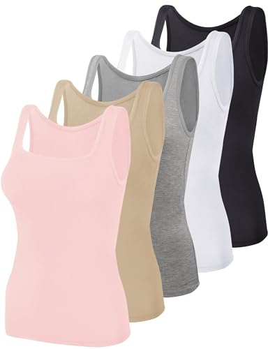 BQTQ 5 Pack Women's Tank Tops Square Neck Sleeveless Ladies Tank Top Undershirts, Black, White, Gray, Beige, Pink, L