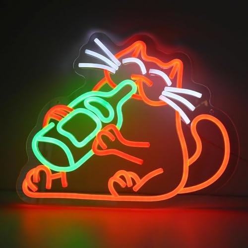 WIOSOUL Trinkende Katze, Neonschild Bierkatze, LED-Barschild mit einstellbarer Helligkeit, USB-betriebenes hängendes Neonlicht für Zuhause, Bar, Pub, Party