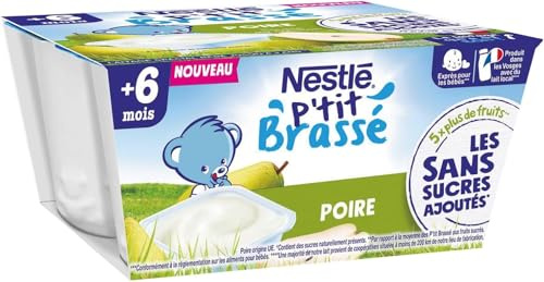 Nestlé Bébé P'tit Brassé Laitage Poire sans sucres ajoutés - dès 6 mois - 4 x 90g (Lot de 6)