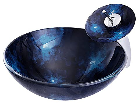 WEYFH Lavabo de baño de Cristal Templado, Redondo, Azul Marino, sobre encimera, Lavabo artístico