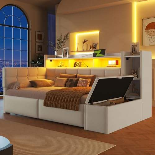 NovaFurnish Tagesbett, Schlafsofa, 90×190cm, mit Zwei Schubladen, USB- und Typ-C-Anschlüssen, Ablagefach, Stauraumbank am Fußende, LED-Lichtleiste, Ohne Matratze, Samt, Weiß