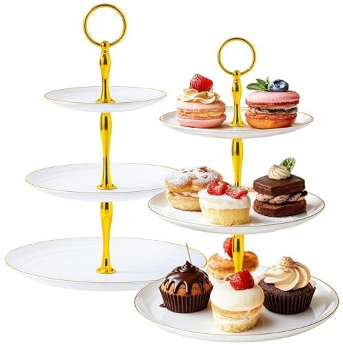 Soporte para Tartas de 3 Pisos (2 Piezas) - Plato para Postres Blanco para Recepciones, Bodas, Fiestas y Meriendas - Base para Cakes, Dulces, Canapés - Montaje Rápido,Material Alimentario y Resistente