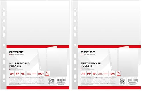 OFFICE PRODUCTS Prospekthüllen / 100 Stück/Din A4/ Glasklar Oben Offen Klarsichthüllen Sicht-Hüllen Gelochte Plastikhülle für Dokumente Papiere Akten Ordner/PP/Transparent 45 Mikron Dokumentenhülle
