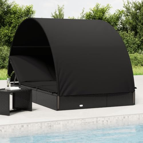 Teenpull Sonnenliege für 2 Personen, Schwarz, PE-Rattan, Stahlrahmen, Runddach, 211x112x140 cm, verstellbar, für Balkon, Pool, Garten