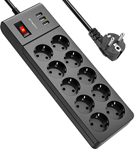 Steckdosenleiste mit USB,AUOPLUS Mehrfachsteckdose mit 10 Fach und 3 USB,Steckerleiste mit Schalter und Überspannungsschutz(4000W/16A),Verteilersteckdose mit kindersicherung für Zuhause,Büro,2M Kabel
