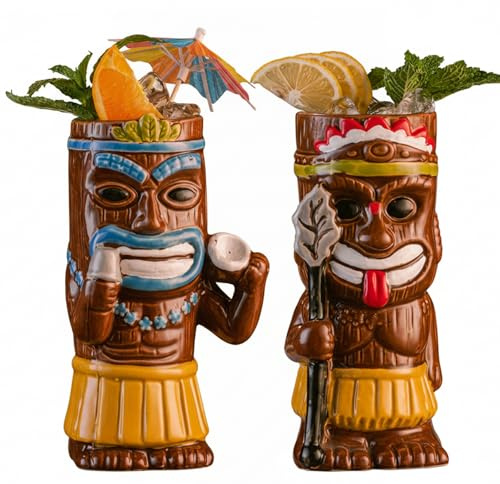 Set da 2 tazze da cocktail Tiki, tazze Tiki in ceramica dal design unico, bicchieri hawaiani per decorazioni per feste tropicali, bicchieri da cocktail per bar di casa, stile 2